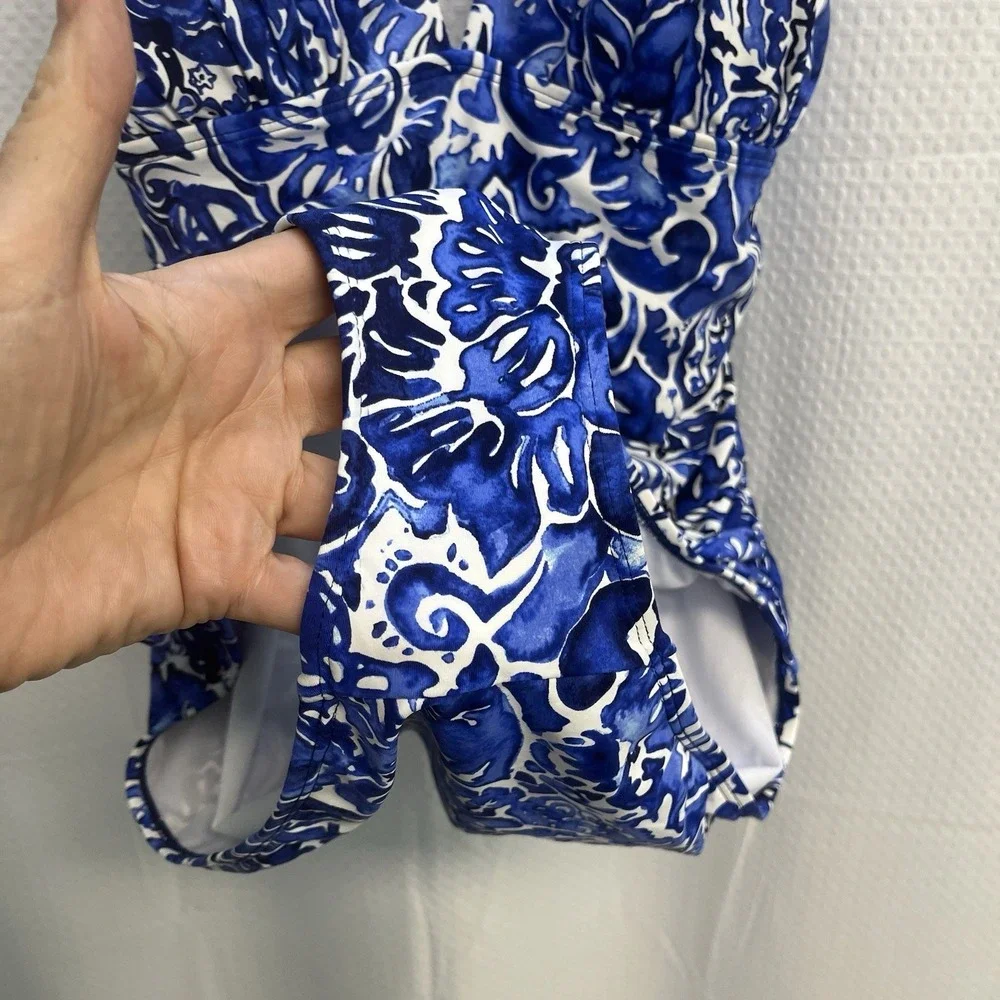 Lauren Ralph Lauren  Floral Halter Blue & White One Piece Swimsuit 14‎ Classic